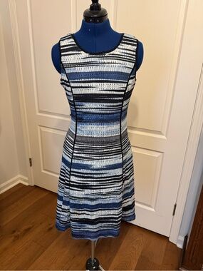 Karl Lagerfeld Blue, White & Black Striped Sleeveless Midi Dress